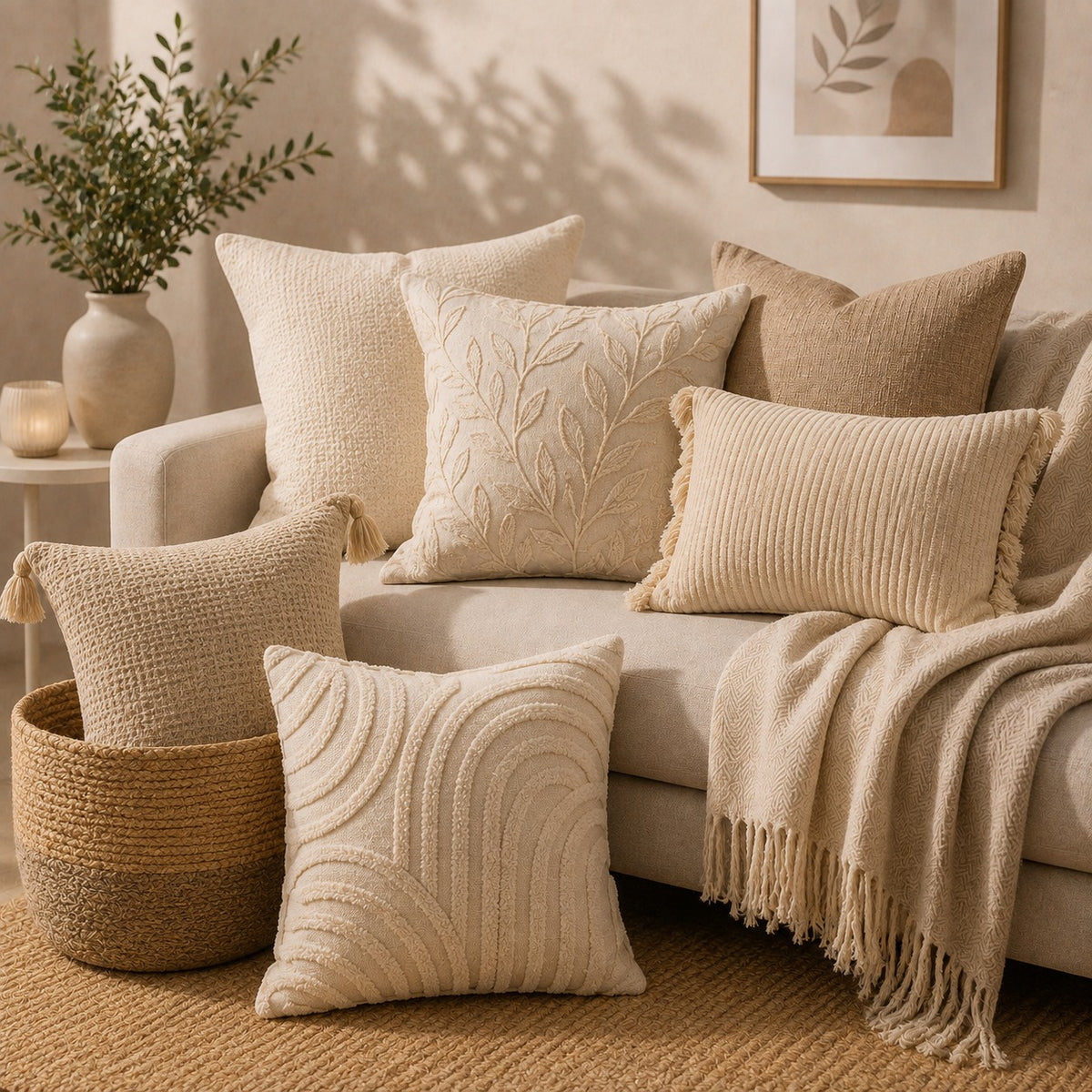 Luxury Textured Cushion Covers & Cozy Throw Set – Neutral Home Décor